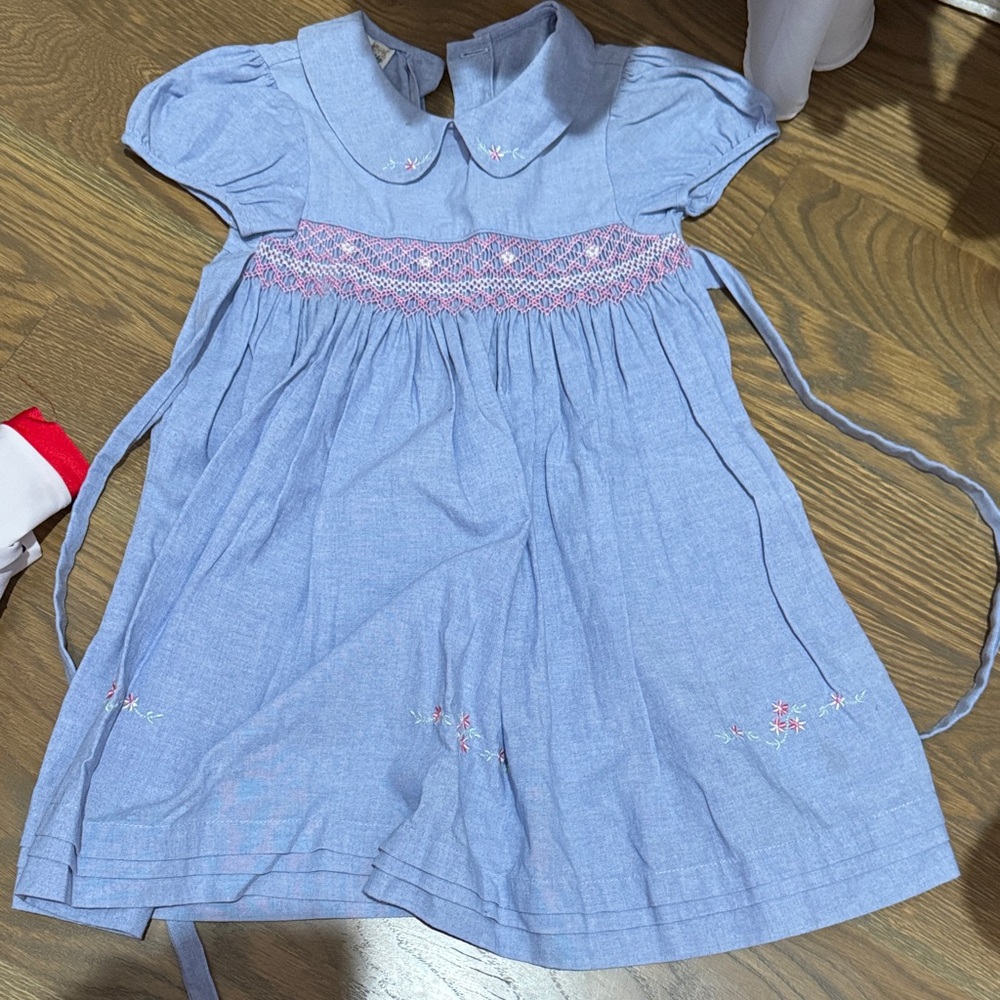 Girls Light Blue Smocked Cotton Dress with Embroidery